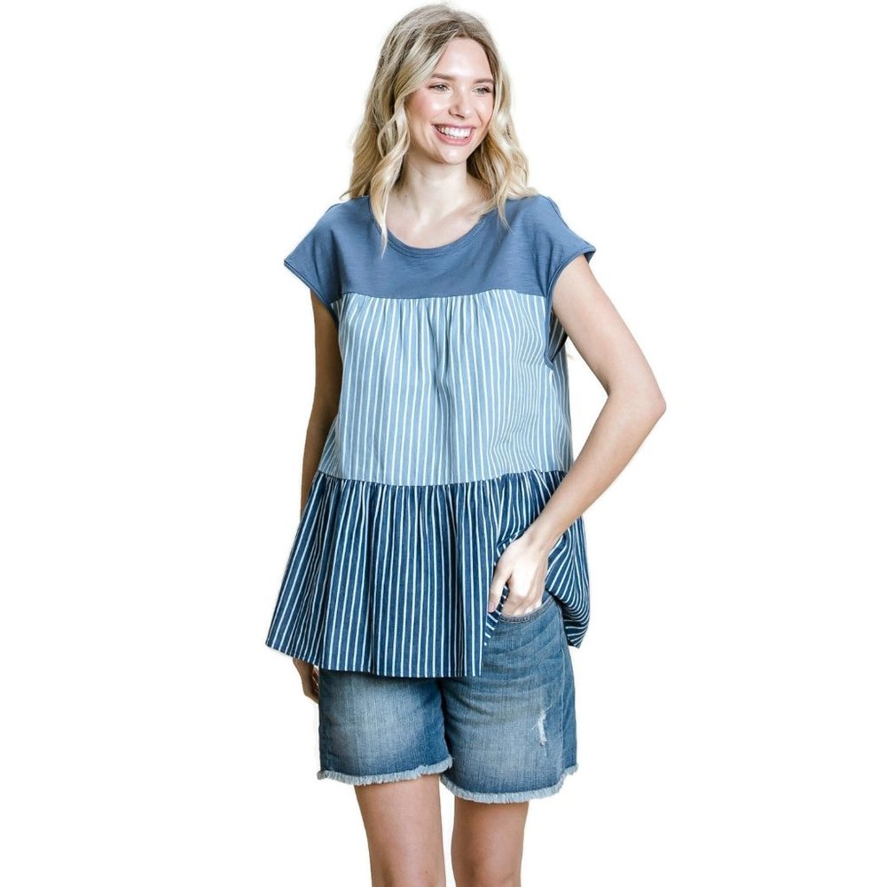 Cotton Bleu Striped & Tiered Denim Top